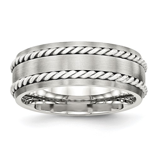Stainless Steel Band with Sterling Silver Double Twisted Brushed 8mm
