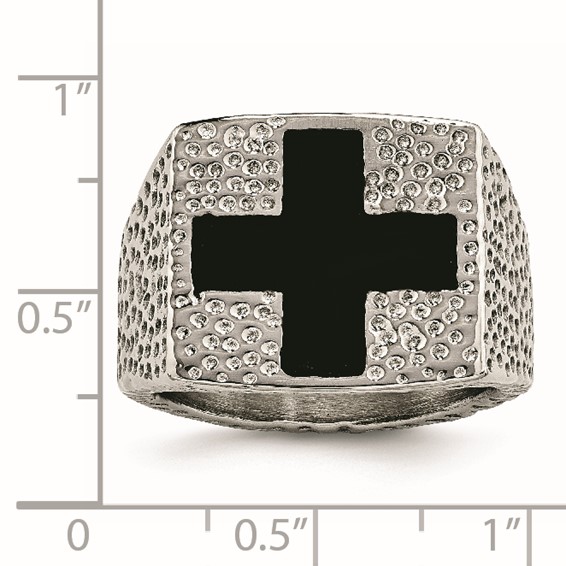 Stainless Steel Textured Black Enameled Cross Ring