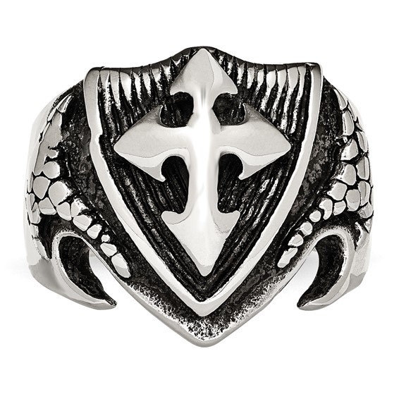 Chisel Stainless Steel Antiqued Polished and Textured Shield Ring