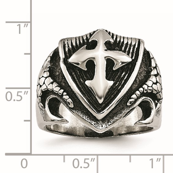 Chisel Stainless Steel Antiqued Polished and Textured Shield Ring