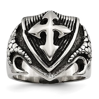 Chisel Stainless Steel Antiqued Polished and Textured Shield Ring