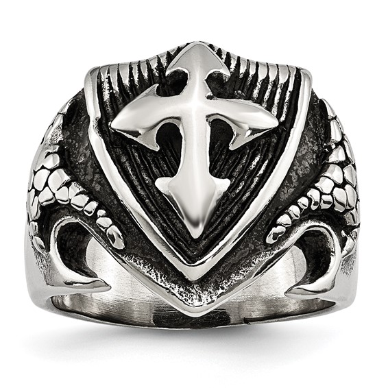 Chisel Stainless Steel Antiqued Polished and Textured Shield Ring