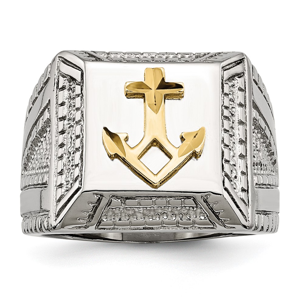 Stainless Steel Polished w/Sterling Silver Yellow IP-plated Anchor Ring