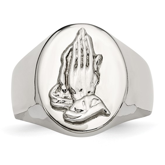 Chisel Stainless Steel Polished with Sterling Silver Praying Hands Ring