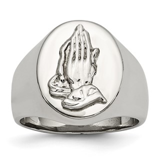Chisel Stainless Steel Polished with Sterling Silver Praying Hands Ring
