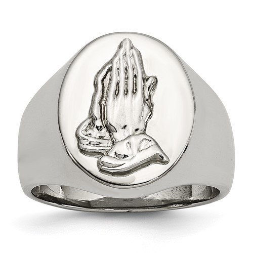 Chisel Stainless Steel Polished Ring with Sterling Silver Praying Hands