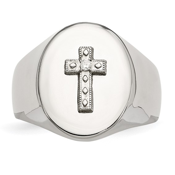 Chisel Stainless Steel Polished with Sterling Silver Cross and CZ Signet Ring