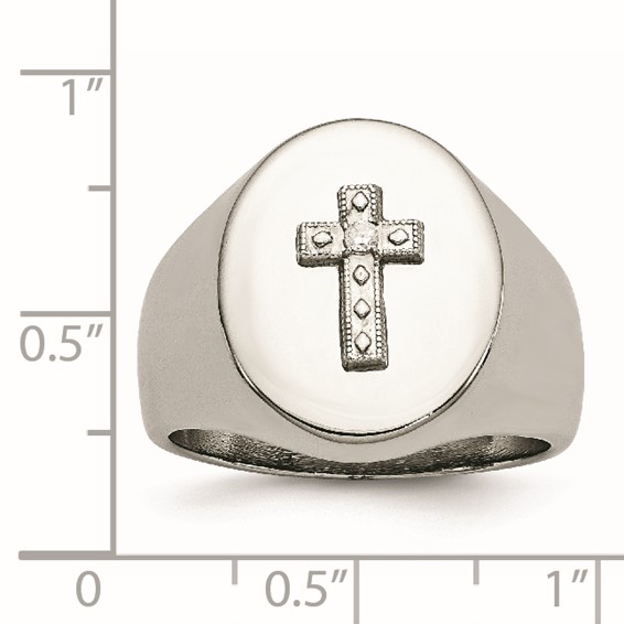 Chisel Stainless Steel Polished with Sterling Silver Cross and CZ Signet Ring