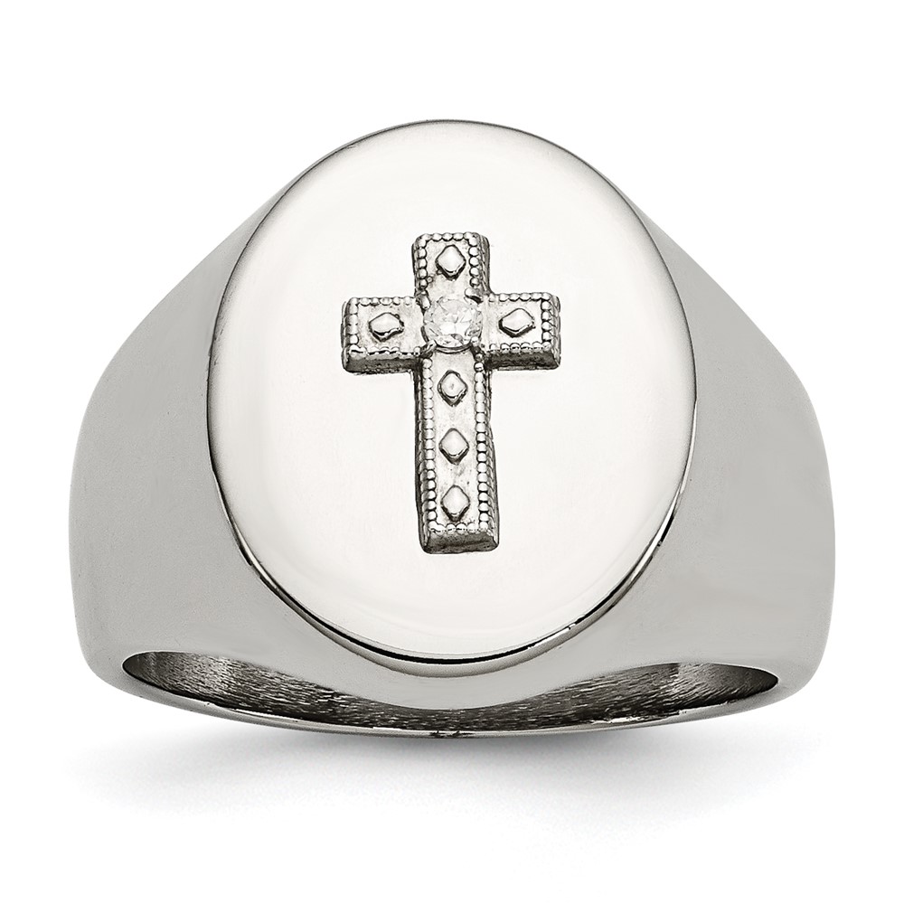 Stainless Steel Polished w/Sterling Silver Cross CZ Signet Ring