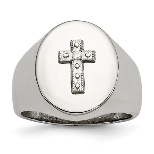 Chisel Stainless Steel Polished Ring with Sterling Silver Cross and CZ Signet