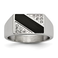 Chisel Stainless Steel Polished Black Enameled CZ Signet Ring view 1