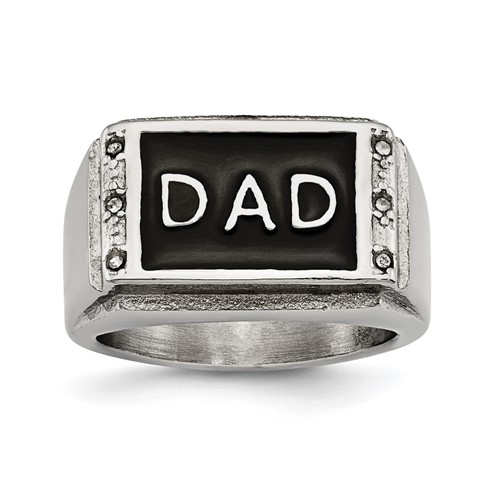 Stainless Steel Polished Black Enameled Dad Ring with CZ