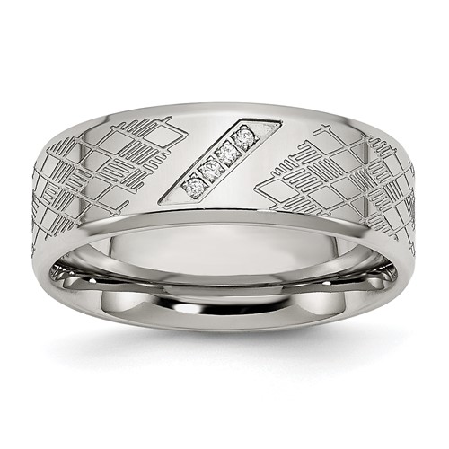 Stainless Steel Polished and Textured Band with CZ 8mm
