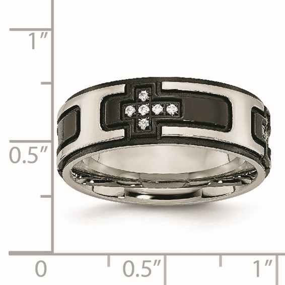 Stainless Steel Polished Black IP-plated with CZ Cross 8mm Band