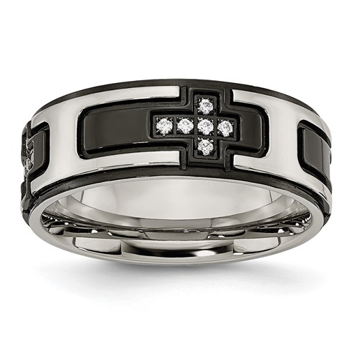 Stainless Steel Polished Black IP-plated Band with CZ Cross 8mm