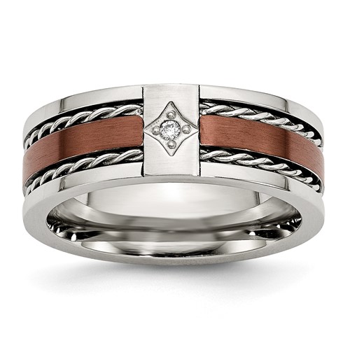 Chisel Stainless Steel Brushed and Polished Brown IP-plated.02 Carat Diamond 8mm Band