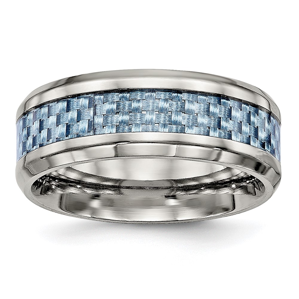 Stainless Steel Polished w/Light Blue Carbon Fiber Inlay 8mm Band