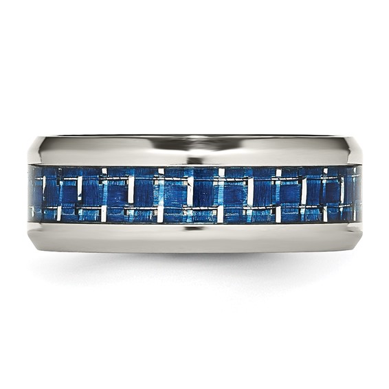 Chisel Stainless Steel Polished with Blue Carbon Fiber Inlay 8mm Beveled Edge Band