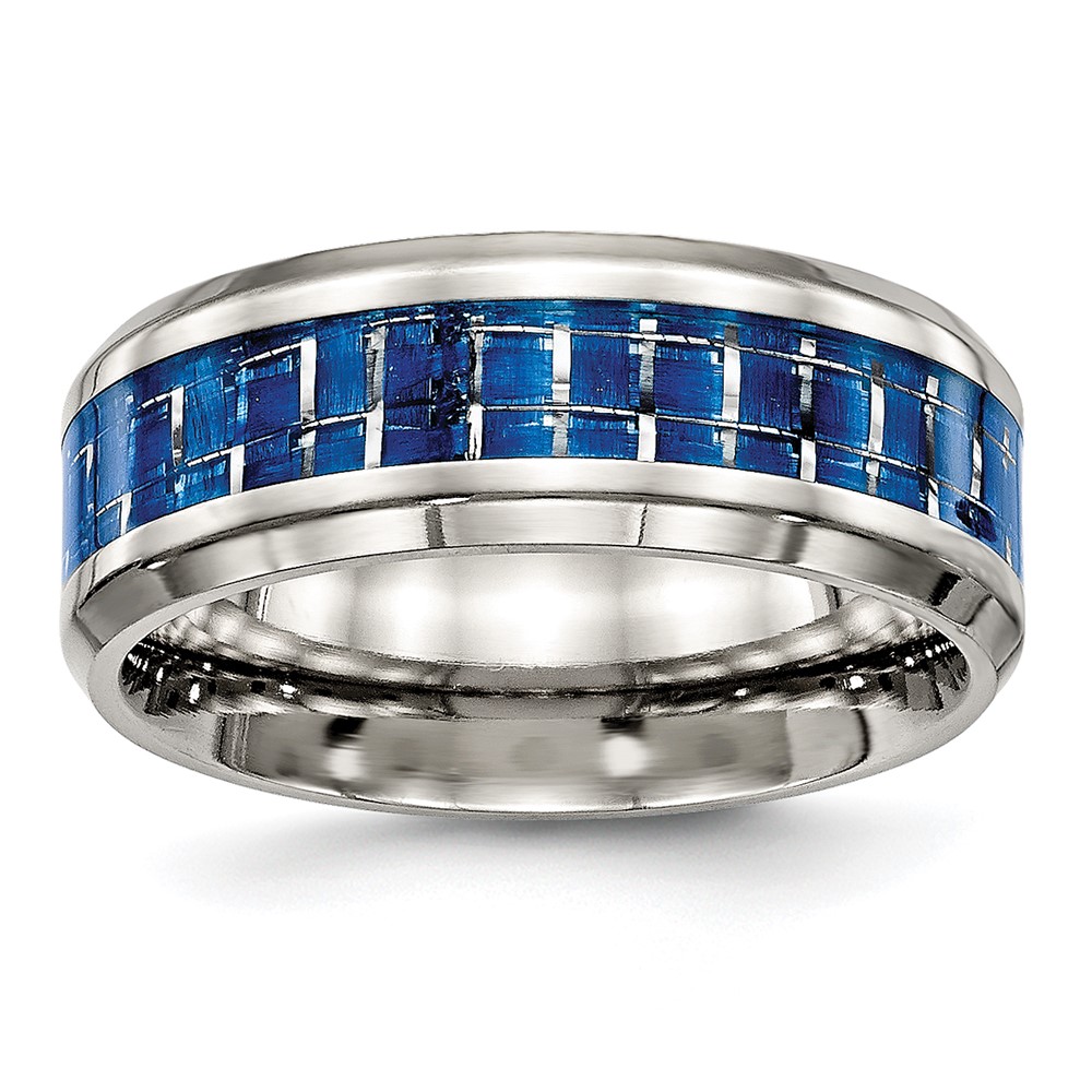 Stainless Steel Polished w/Blue Carbon Fiber Inlay 8mm Beveled Edge Band