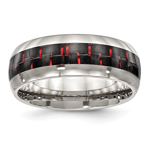 Chisel Stainless Steel Polished Band with Black and Red Carbon Fiber Inlay 8mm