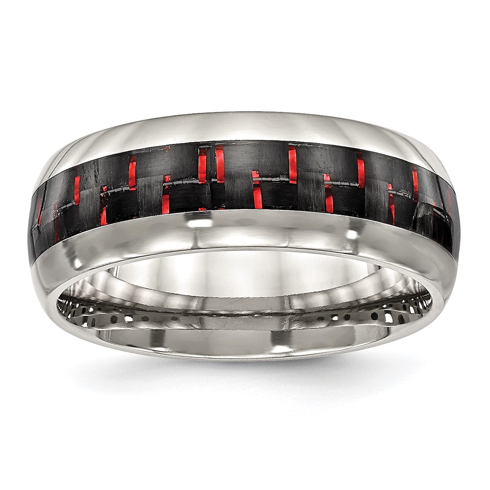 Stainless Steel Polished Black/Red Carbon Fiber Inlay 8mm Band