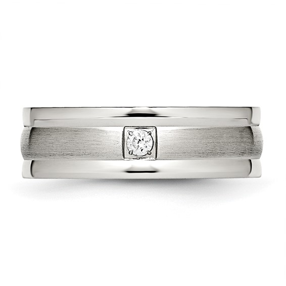 Chisel Stainless Steel Polished with Brushed Center CZ 7mm Grooved Band