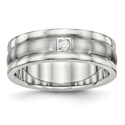 Chisel Stainless Steel Polished Band with Brushed Center CZ 7mm Grooved