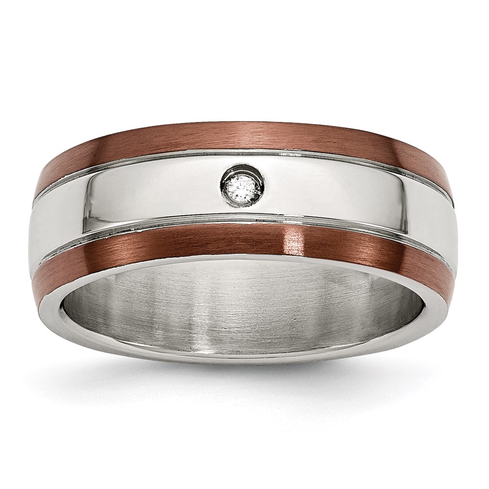 Chisel Stainless Steel Brushed Polished Brown IP-plated Edge 0.05 Carat Diamond 8mm Band