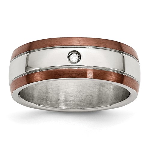 Chisel Stainless Steel Brushed Polished Brown IP-plated Edge 0.05 Carat Diamond 8mm Band