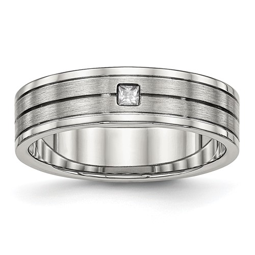 Chisel Stainless Steel Polished Band with Brushed Center CZ 6mm Grooved