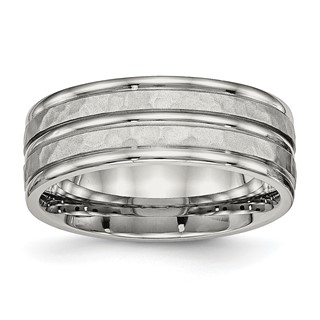 Stainless Steel Polished and Hammered 8mm Grooved Band