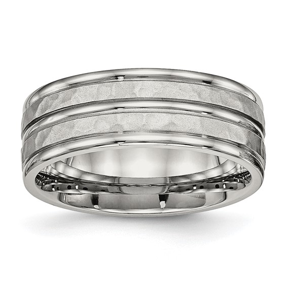 Stainless Steel Polished and Hammered 8mm Grooved Band