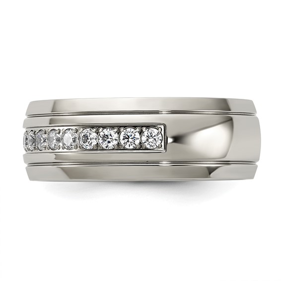 Chisel Stainless Steel Polished and Grooved with CZ 8mm Half Round Band