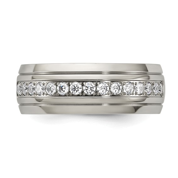 Chisel Stainless Steel Polished and Grooved with CZ 8mm Half Round Band