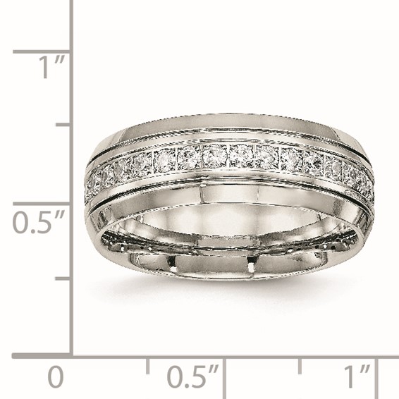 Chisel Stainless Steel Polished and Grooved with CZ 8mm Half Round Band