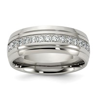 Chisel Stainless Steel Polished and Grooved Band with CZ 8mm Half Round view 1