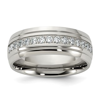 Chisel Stainless Steel Polished and Grooved with CZ 8mm Half Round Band