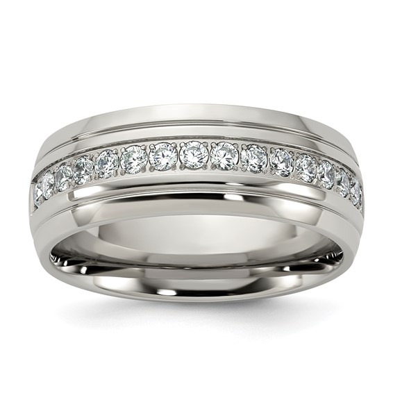 Chisel Stainless Steel Polished and Grooved with CZ 8mm Half Round Band