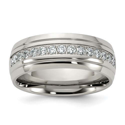 Chisel Stainless Steel Polished and Grooved Band with CZ 8mm Half Round