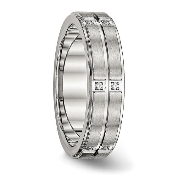 Stainless Steel Polished/Brushed Center CZ Grooved 6mm Ridged Edge Band