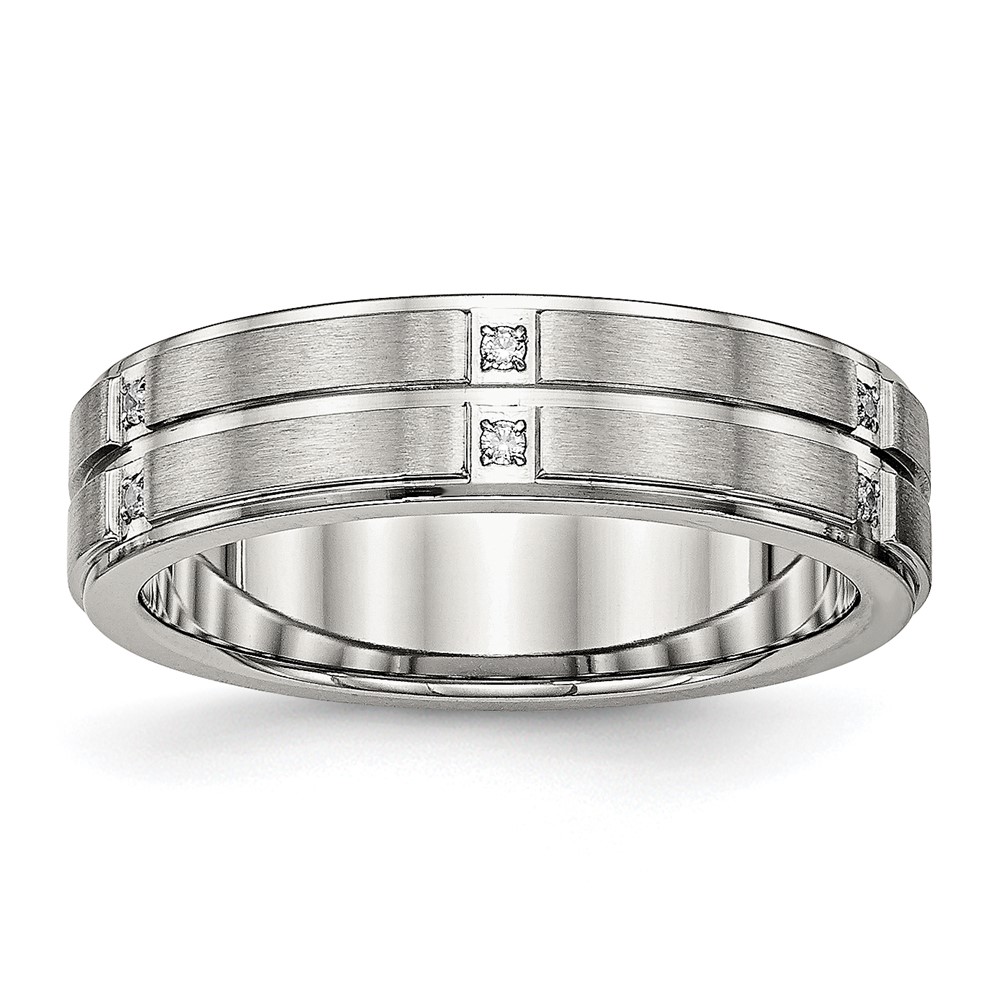 Stainless Steel Polished/Brushed Center CZ Grooved 6mm Ridged Edge Band