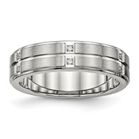 Stainless Steel Polished Brushed Center CZ Grooved 6mm Ridged Edge Band view 1