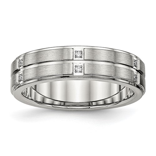 Stainless Steel Polished Brushed Center CZ Grooved 6mm Ridged Edge Band