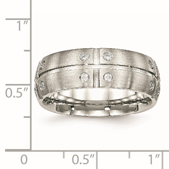 Stainless Steel Brushed and Grooved w/CZ 8mm Half Round Band