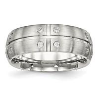 Stainless Steel Brushed and Grooved Band with CZ 8mm Half Round view 1