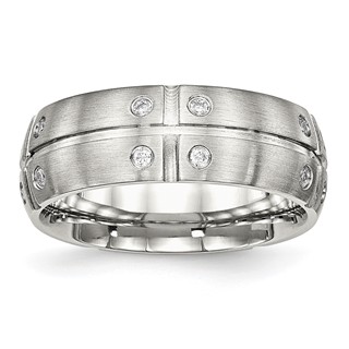 Stainless Steel Brushed and Grooved w/CZ 8mm Half Round Band