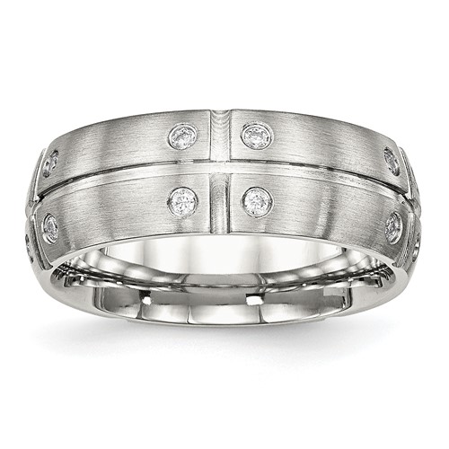 Stainless Steel Brushed and Grooved w/CZ 8mm Half Round Band