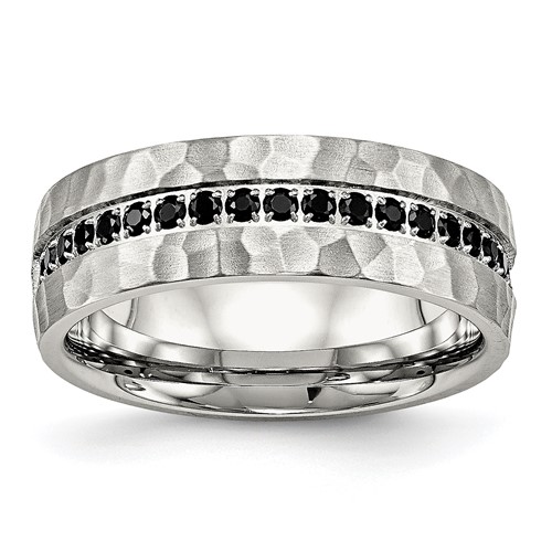 Chisel Stainless Steel Brushed and Hammered Band with Black CZ 7.5mm