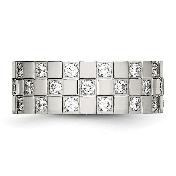 Stainless Steel Polished w/CZ Checkered 8mm Flat Band