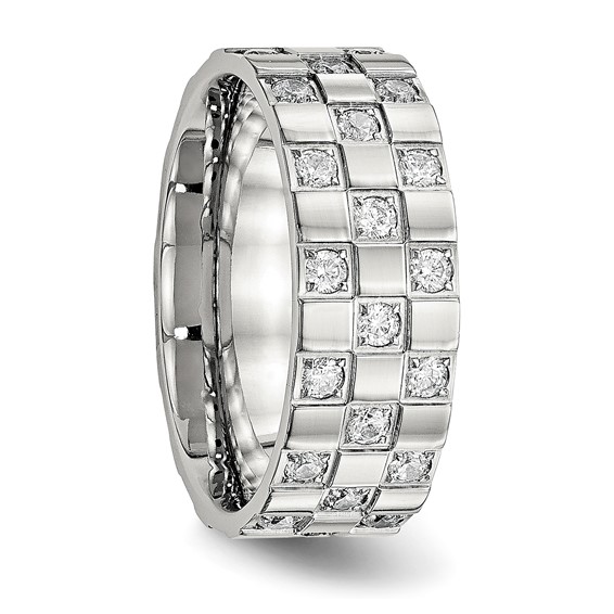 Stainless Steel Polished w/CZ Checkered 8mm Flat Band